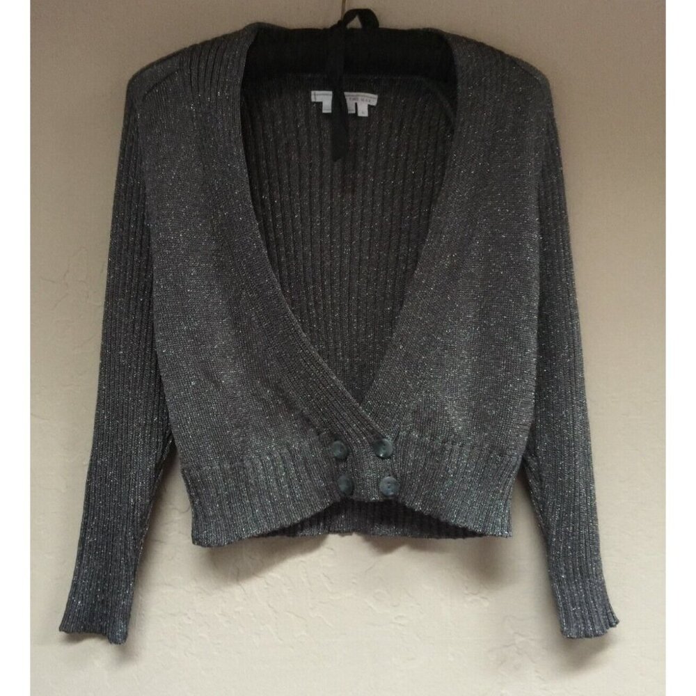 To The Max Large Ribbed Double-Breasted Knit Metallic Crop Cardigan Sweater Gray